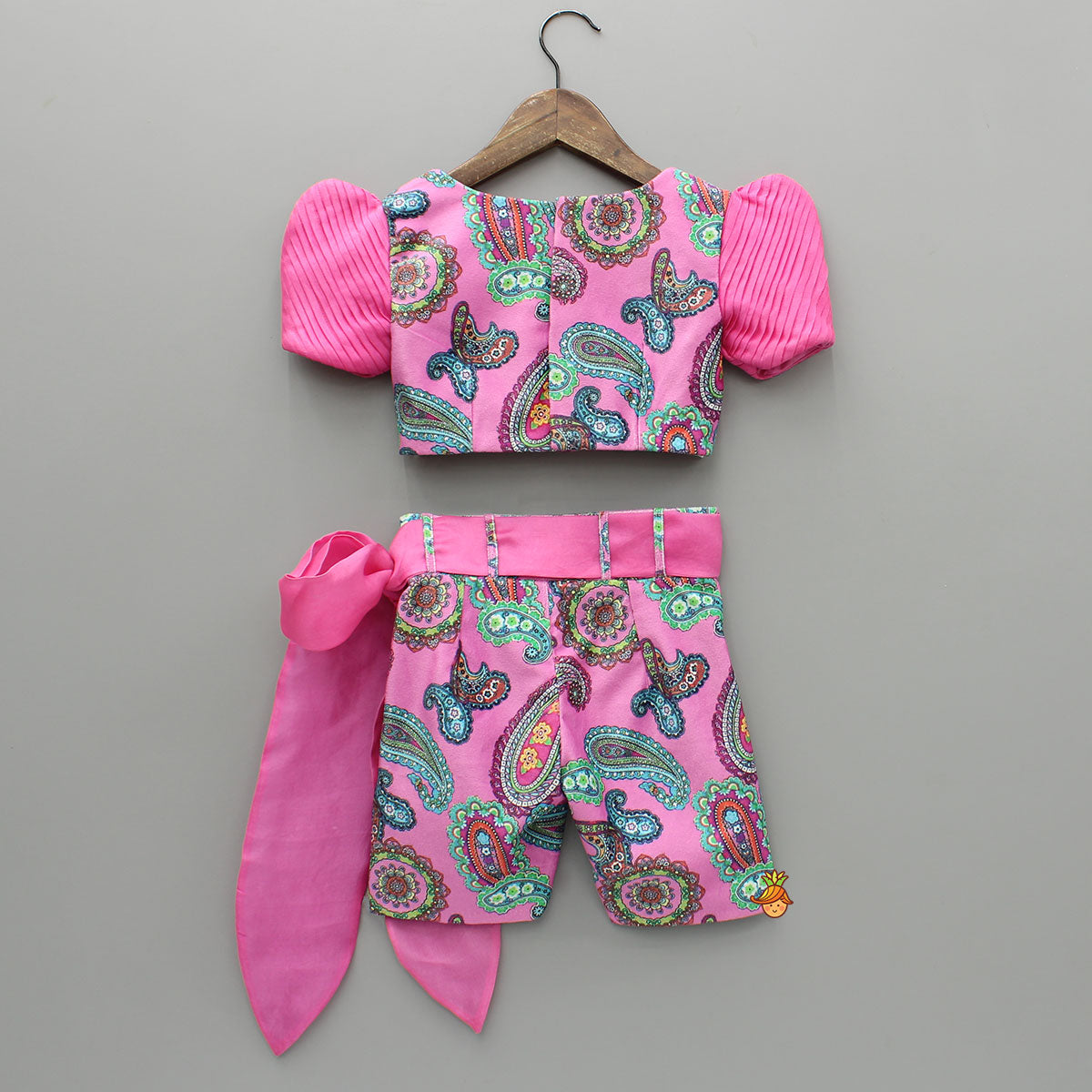 Pink Printed Velvet Top And Shorts With Ribbon Bow Belt