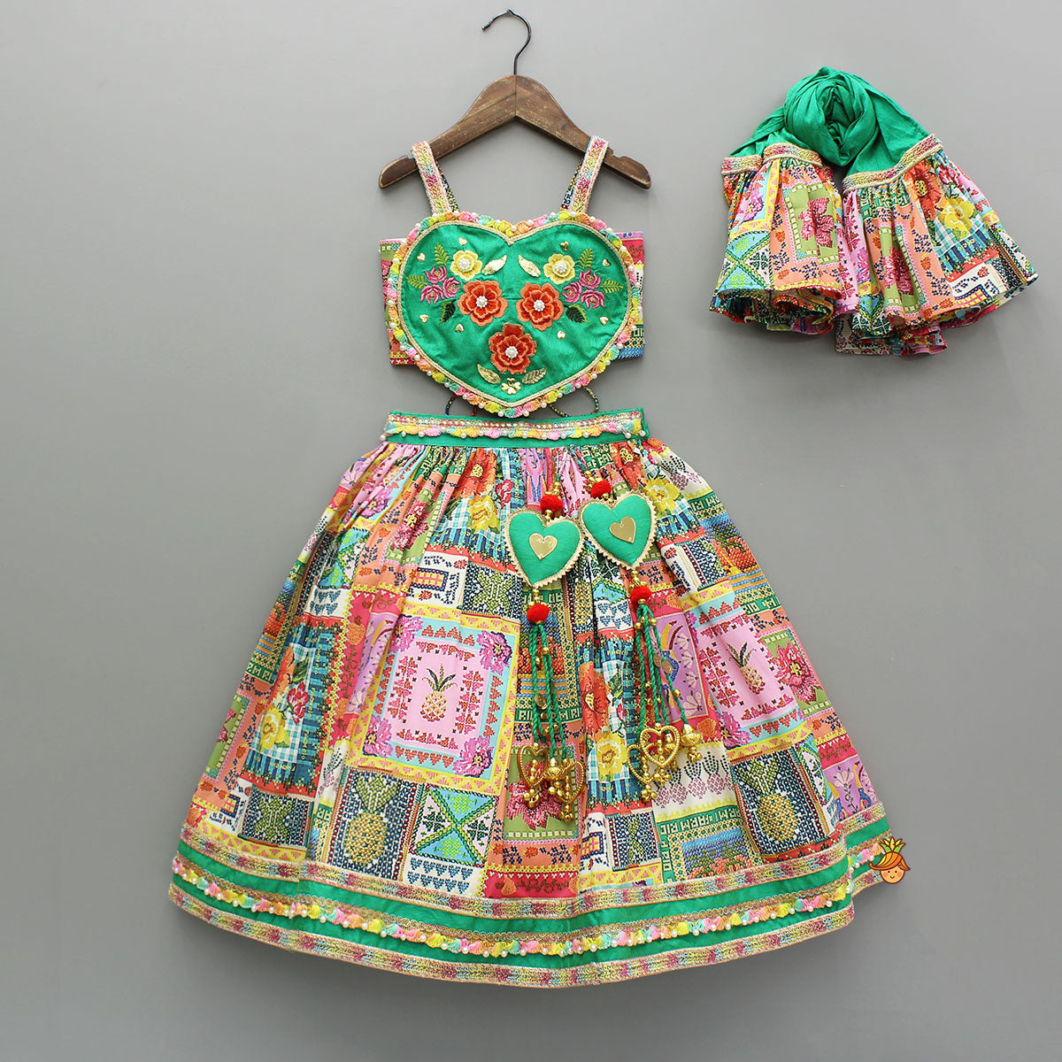 Embroidered Heart Shaped Top And Multicolour Lehenga With Dupatta