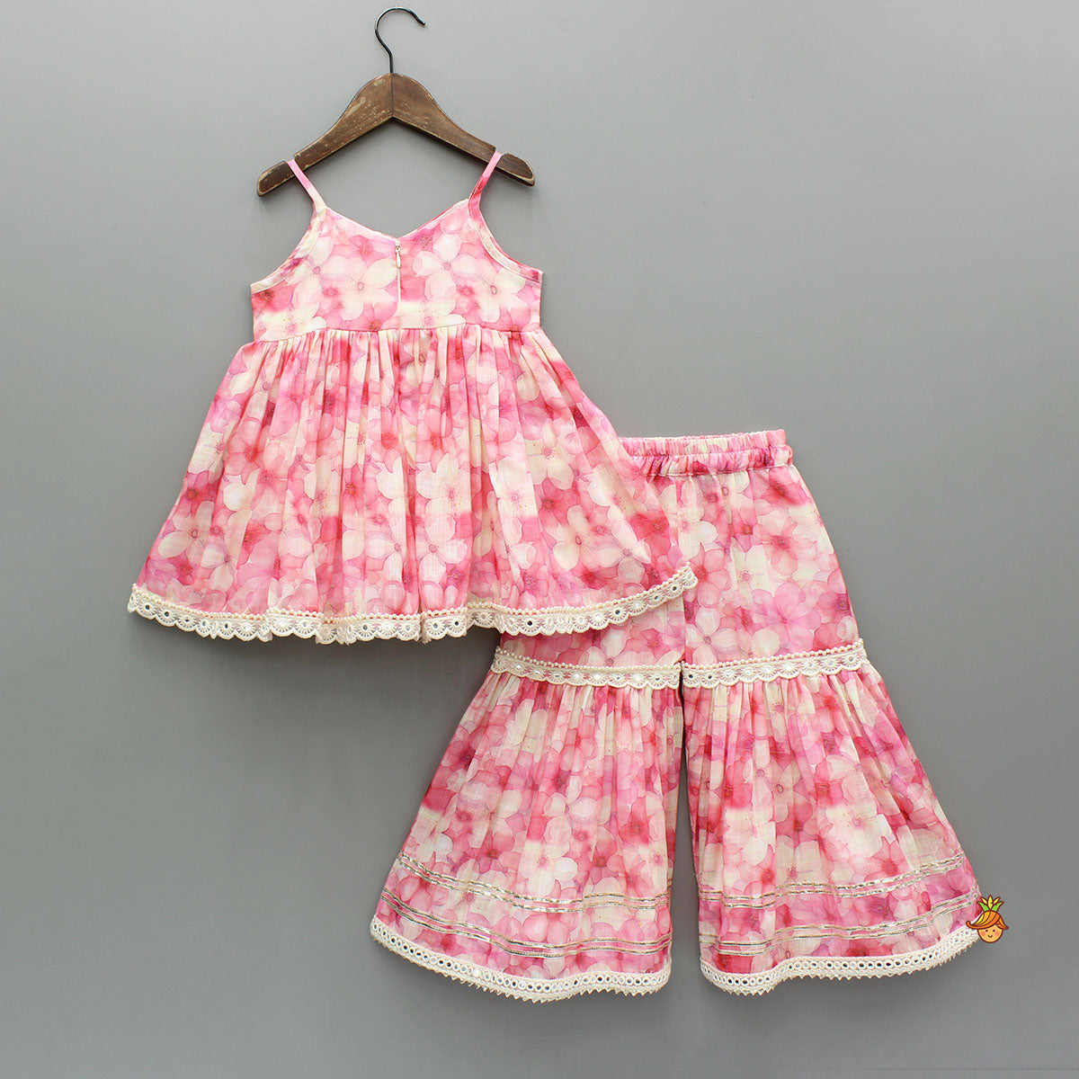 Pink Floral Print Strappy Kurta With Sharara And Dupatta