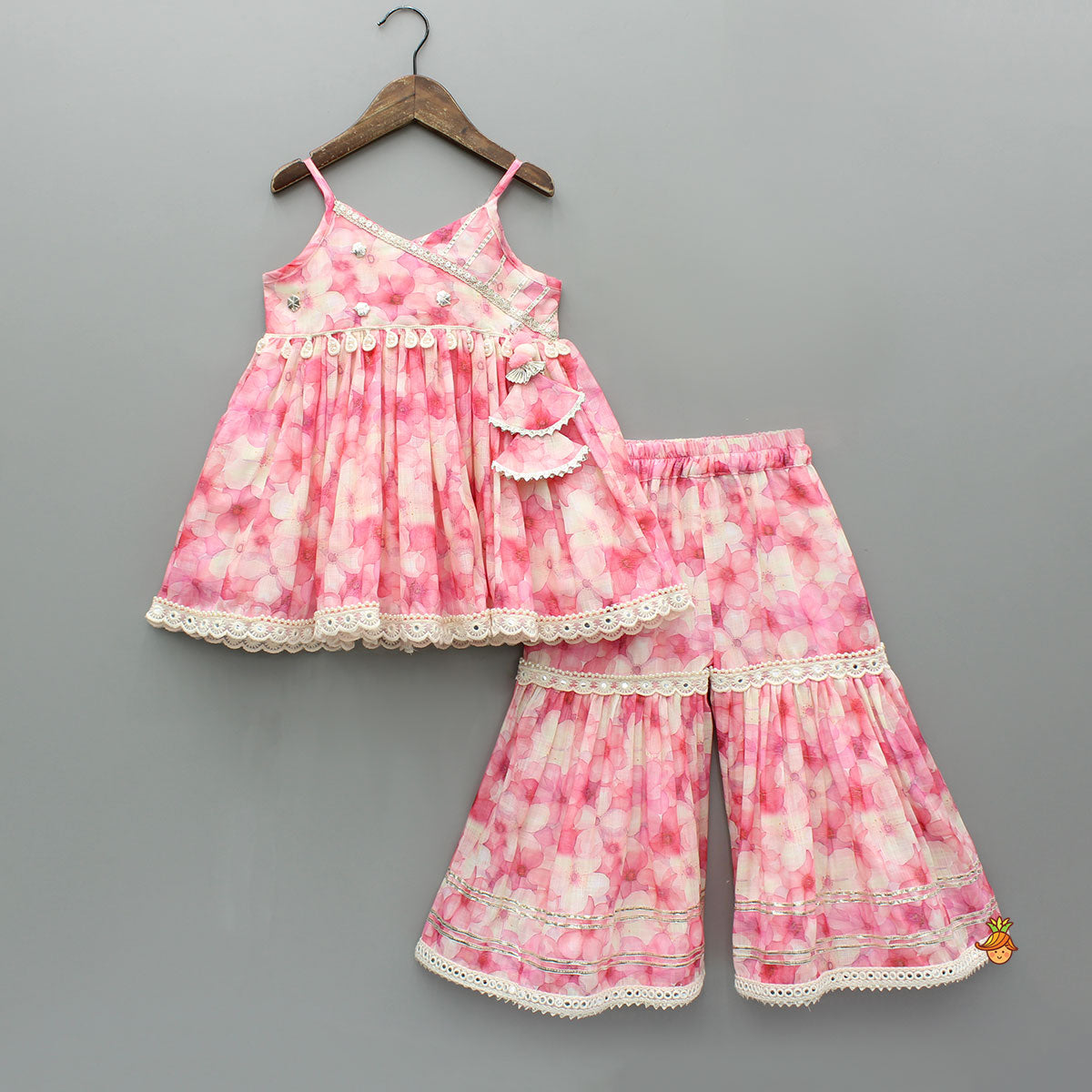 Pink Floral Print Strappy Kurta With Sharara And Dupatta