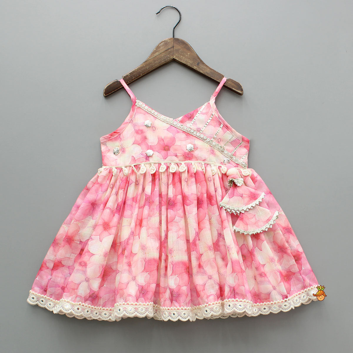 Pink Floral Print Strappy Kurta With Sharara And Dupatta