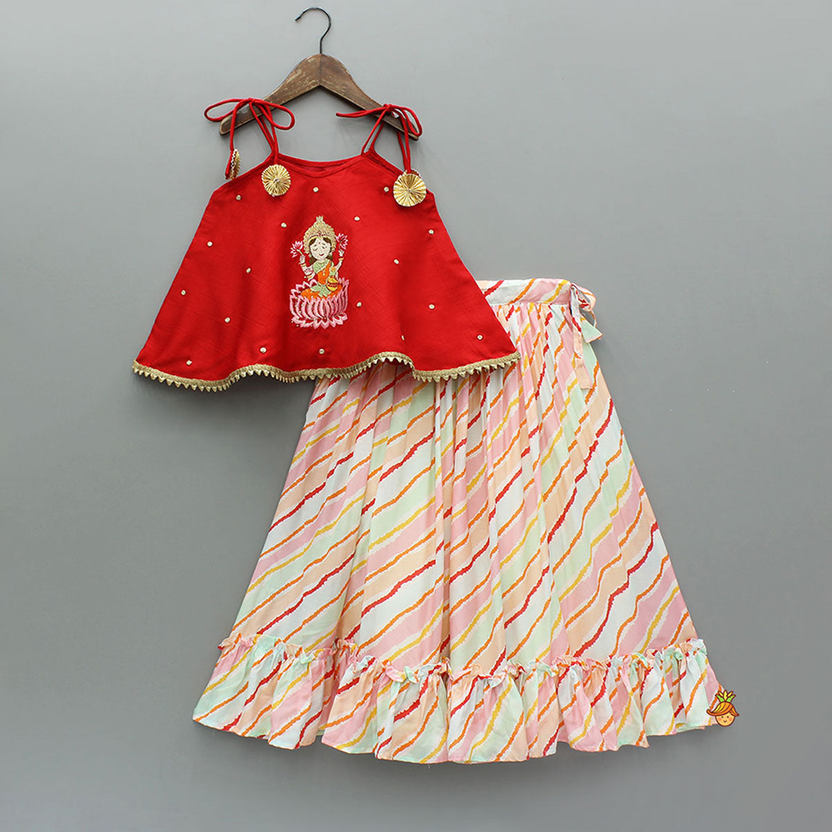 Goddess Embroidered Red Strappy Tie-Up Top With Multicoloured Lehenga