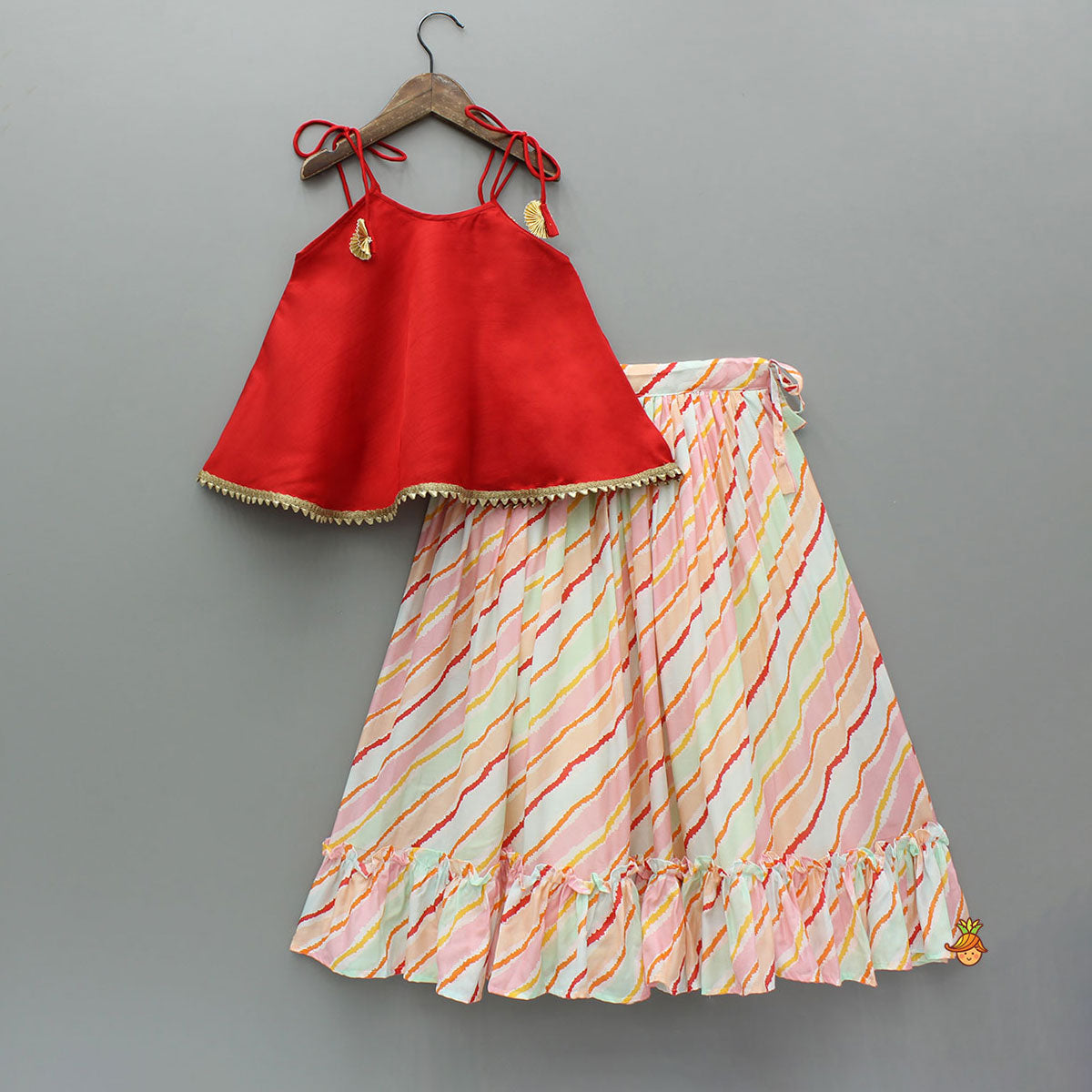 Goddess Embroidered Red Strappy Tie-Up Top With Multicoloured Lehenga
