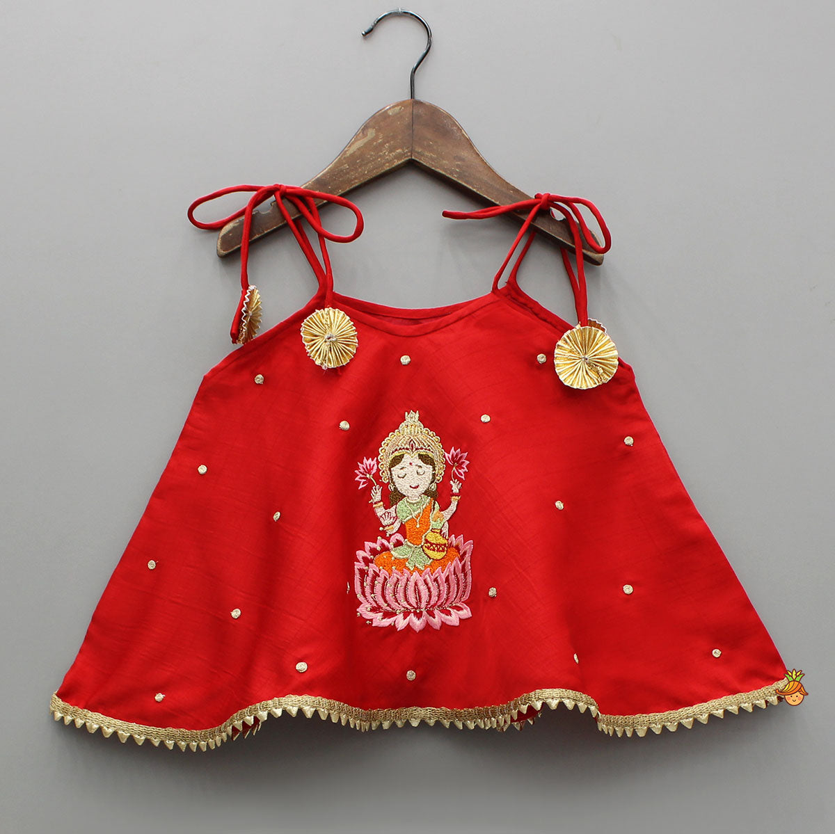 Goddess Embroidered Red Strappy Tie-Up Top With Multicoloured Lehenga