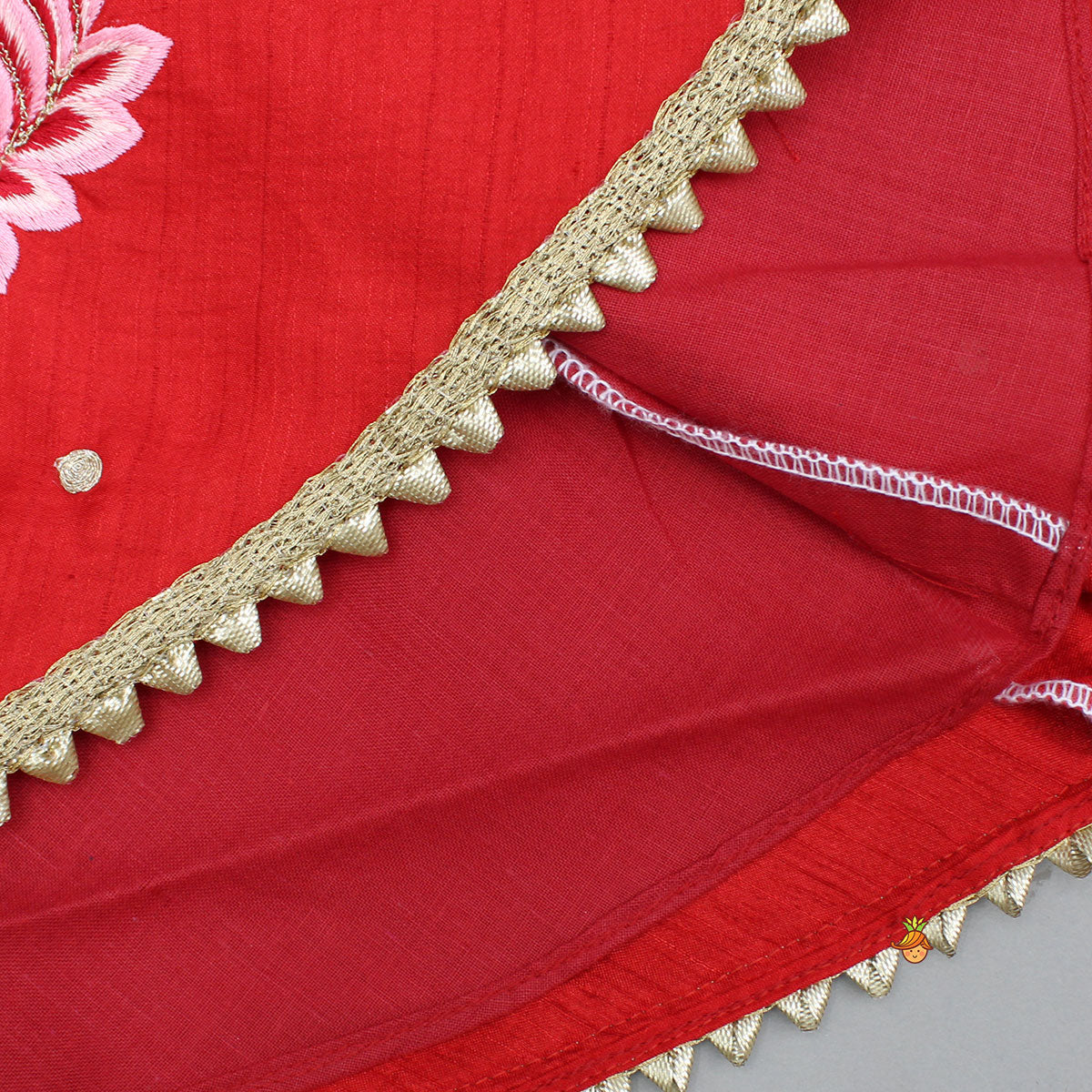 Goddess Embroidered Red Strappy Tie-Up Top With Multicoloured Lehenga