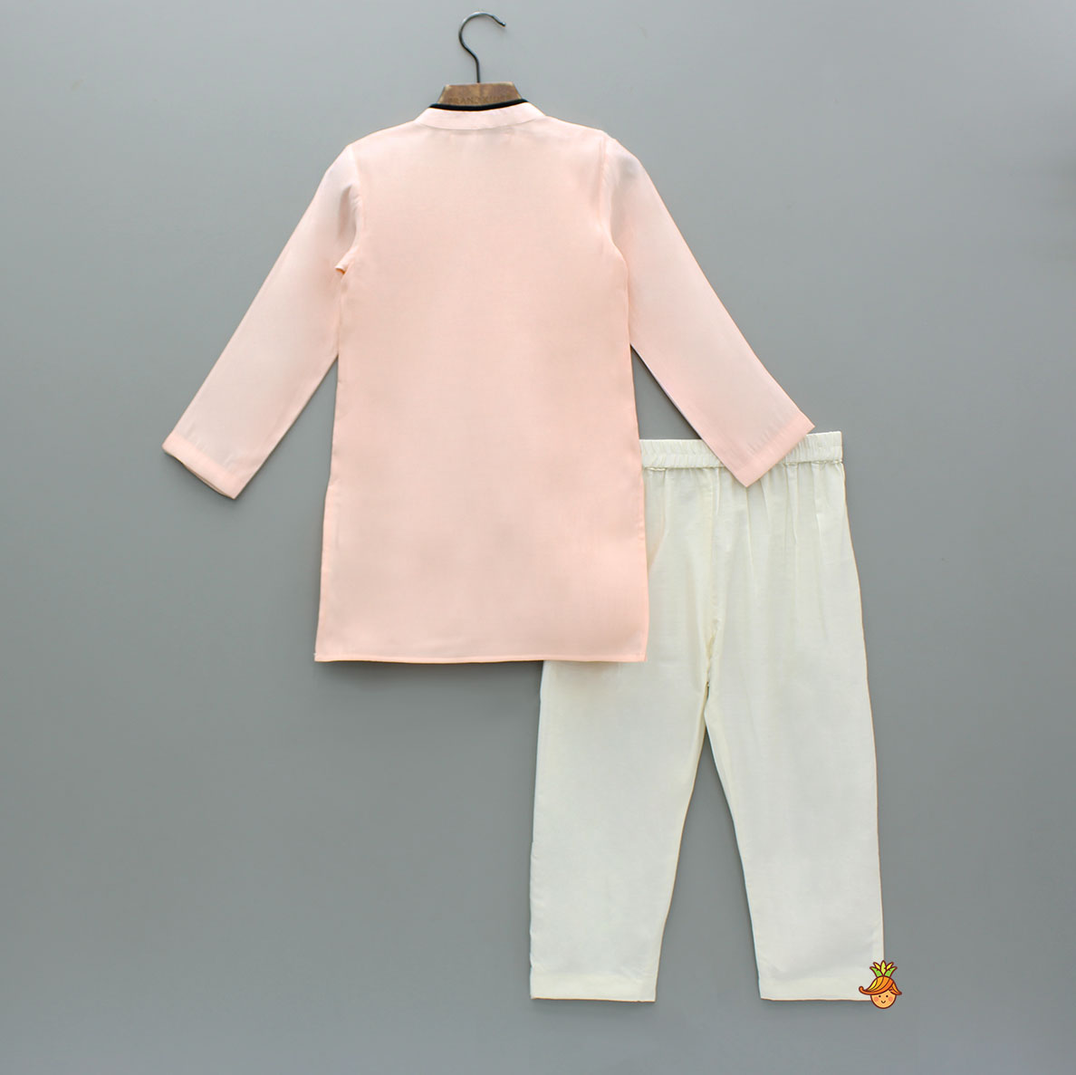Black Triangular Detailed Peach Silk Kurta With Pyjama