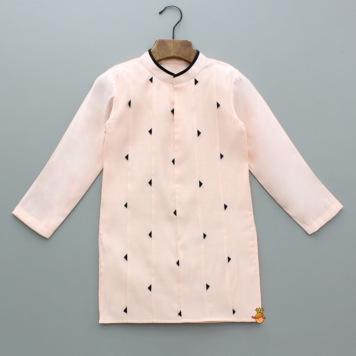 Black Triangular Detailed Peach Silk Kurta With Pyjama