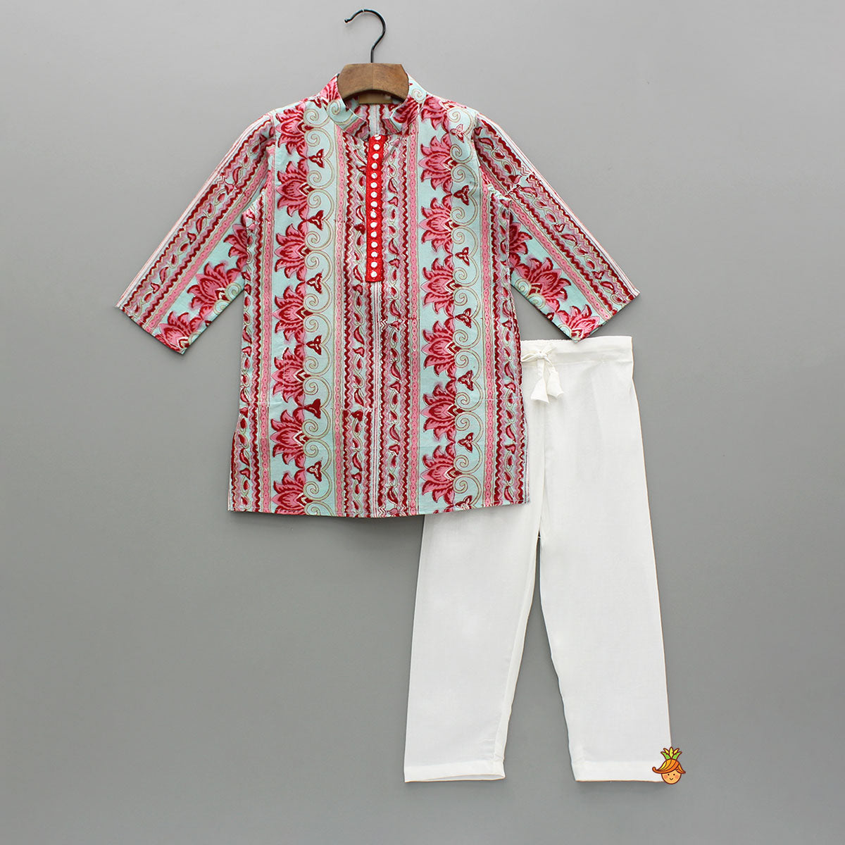 Red And Blue Floral Printed Cotton Kurta With Pyjama