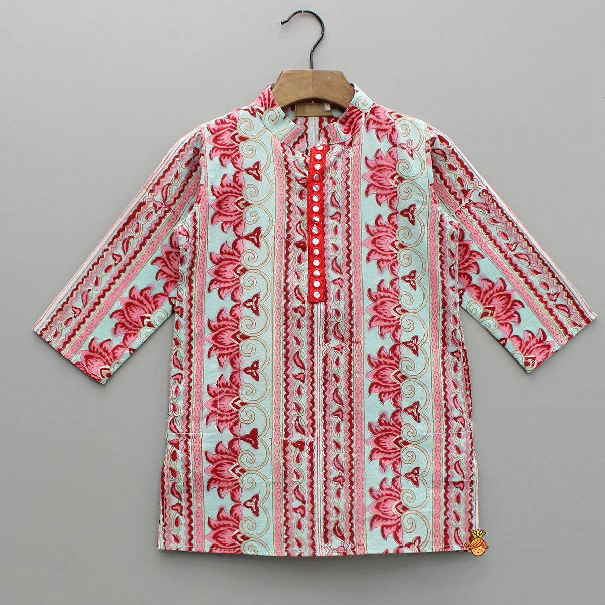 Red And Blue Floral Printed Cotton Kurta With Pyjama
