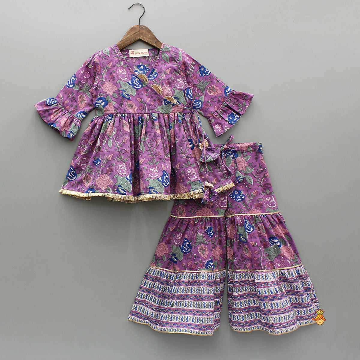 Purple Multicolour Printed Angarkha Style Kurti And Sharara