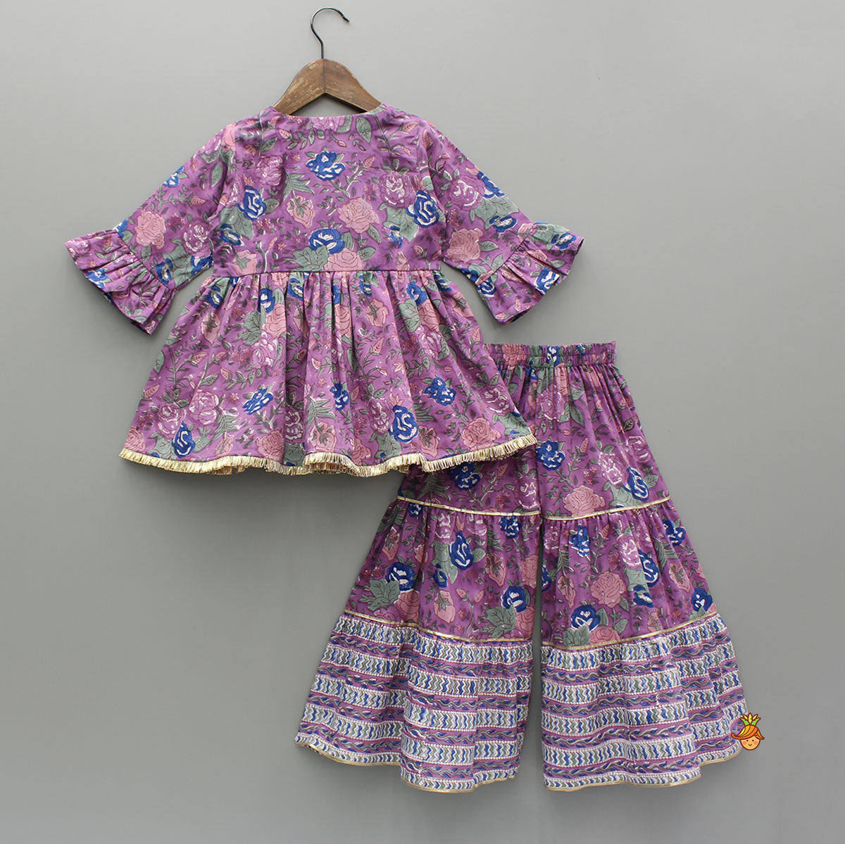 Purple Multicolour Printed Angarkha Style Kurti And Sharara