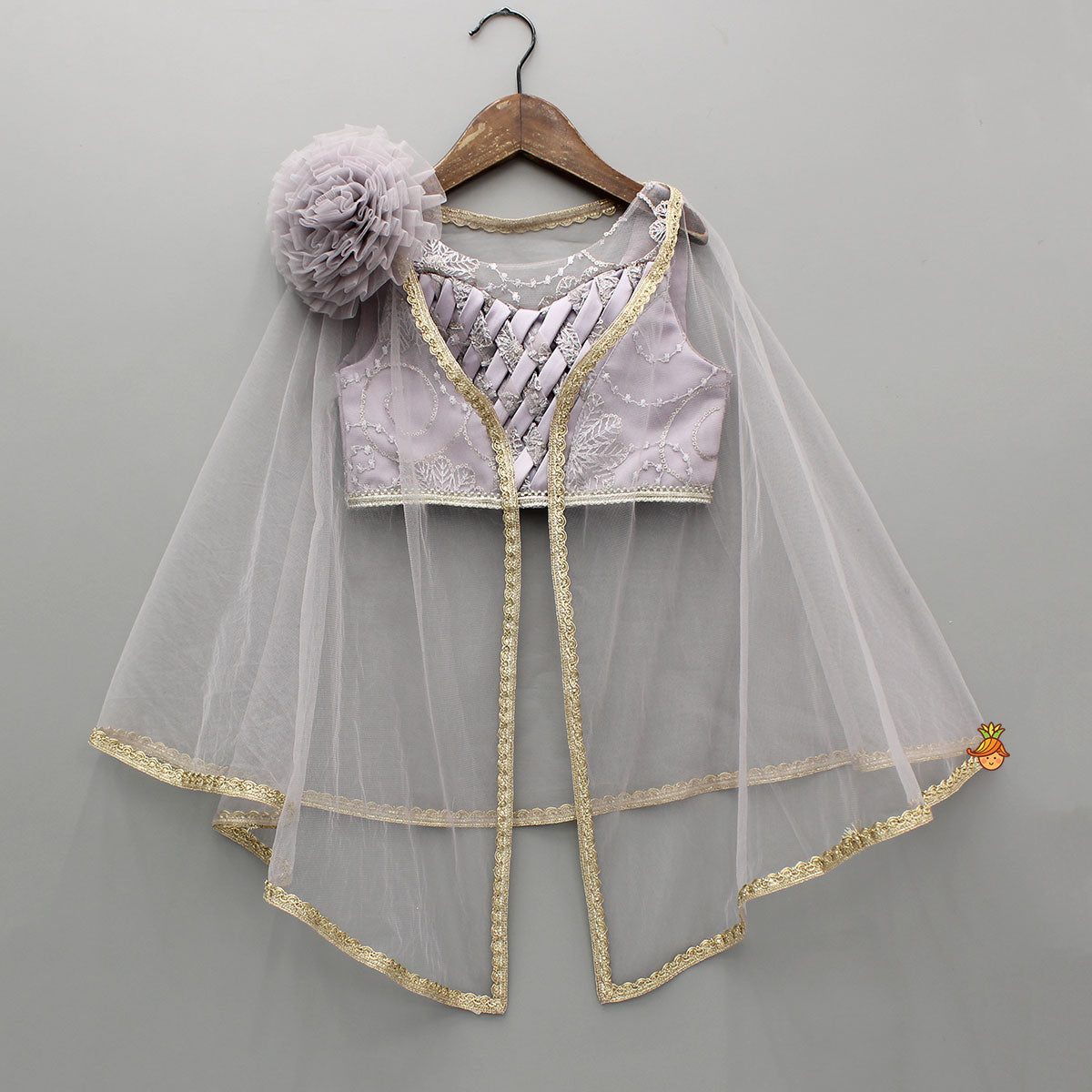 Grey Net Cape Top With Sequined And Thread Embroidered Lehenga