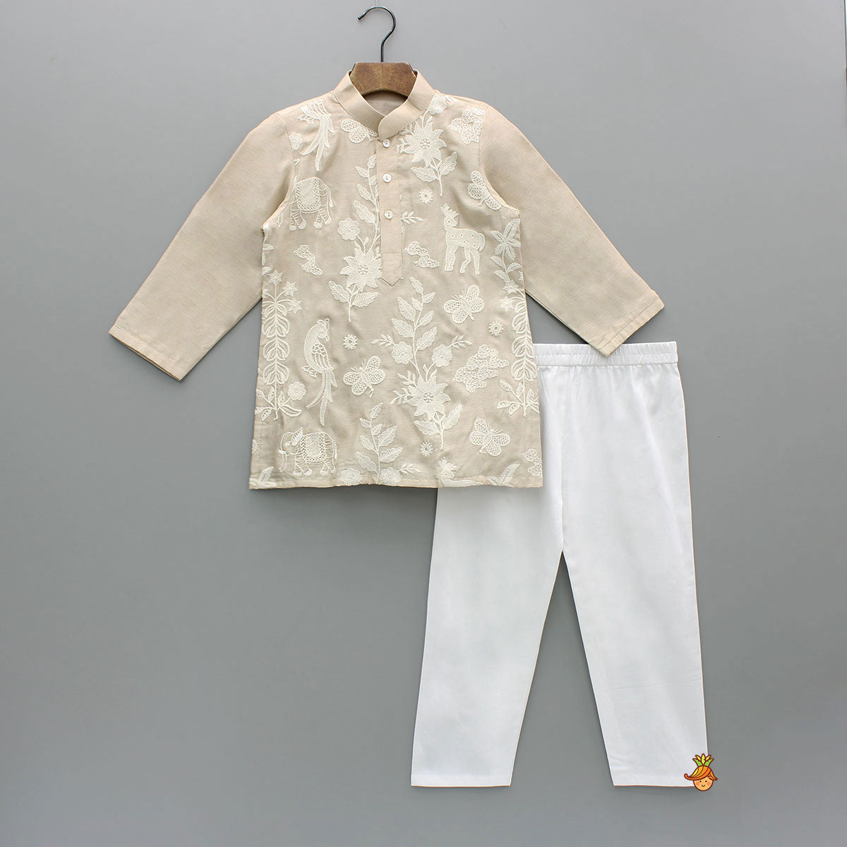 Pure Silk Beige Embroidered Kurta With White Pyjama