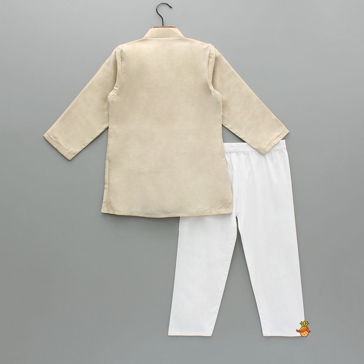 Pure Silk Beige Embroidered Kurta With White Pyjama
