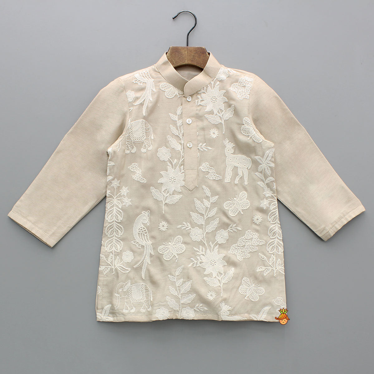 Pure Silk Beige Embroidered Kurta With White Pyjama