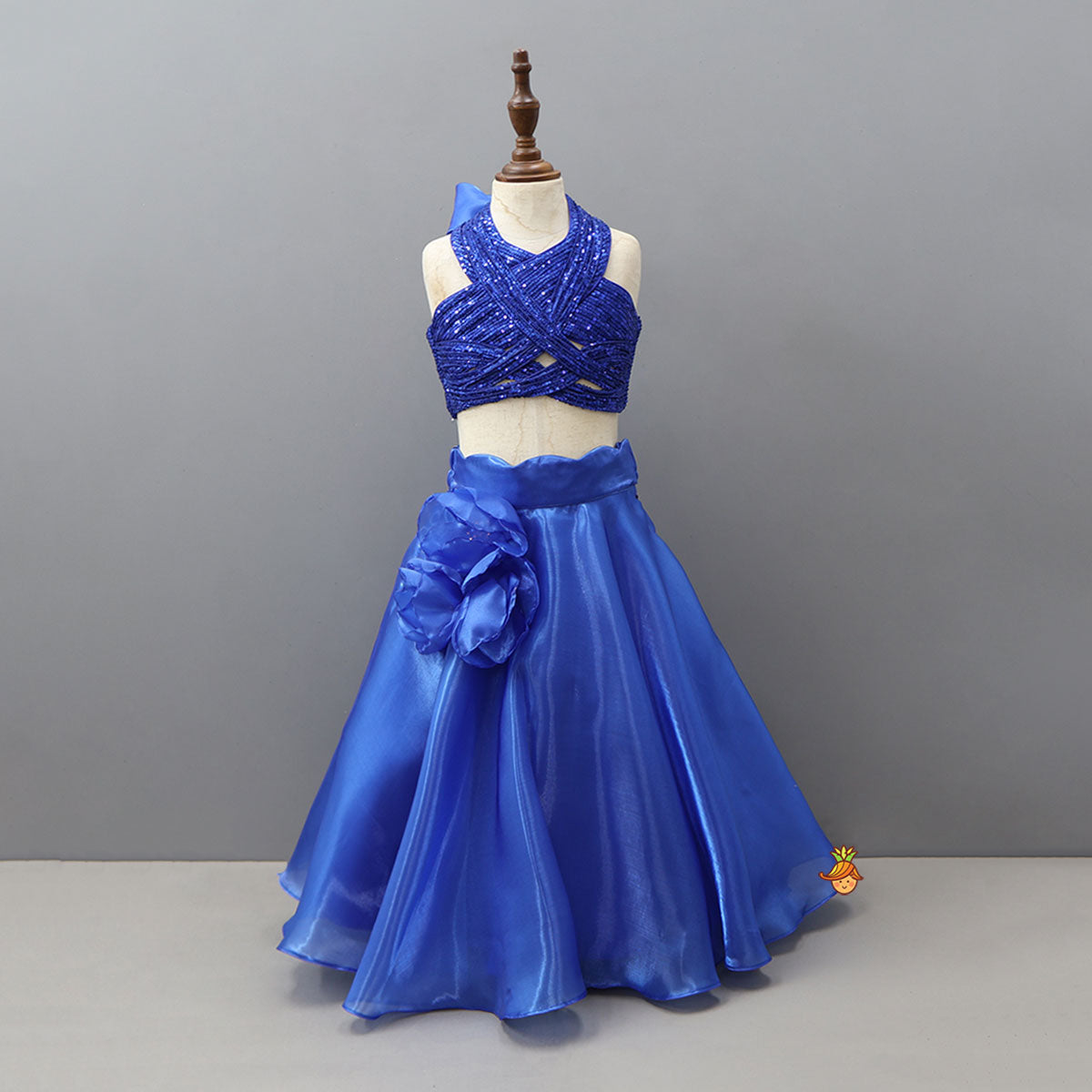 Royal Blue Sequin Embellished Halter Neck Top With Stiff Belt And Lehenga