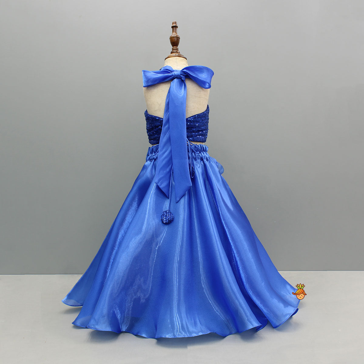 Royal Blue Sequin Embellished Halter Neck Top With Stiff Belt And Lehenga