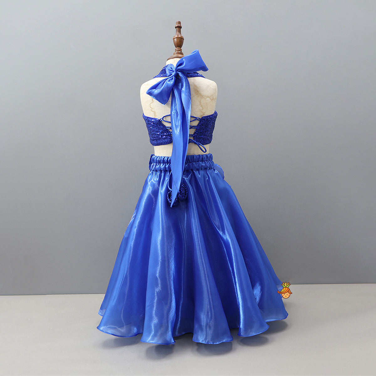 Royal Blue Sequin Embellished Halter Neck Top With Stiff Belt And Lehenga