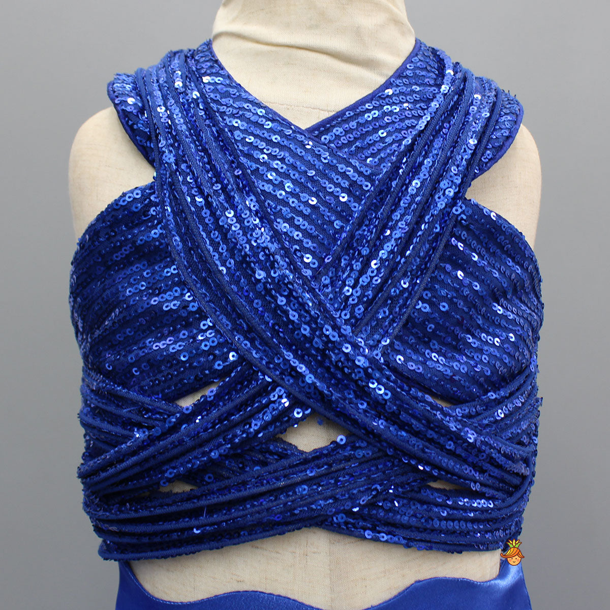Royal Blue Sequin Embellished Halter Neck Top With Stiff Belt And Lehenga