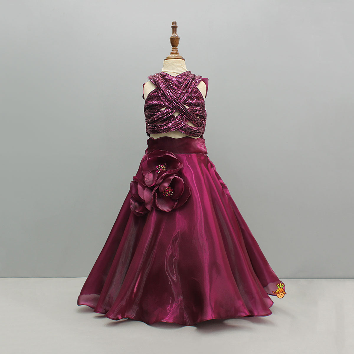 Magenta Wine Sequin Embellished Halter Neck Top With Stiff Belt And Lehenga