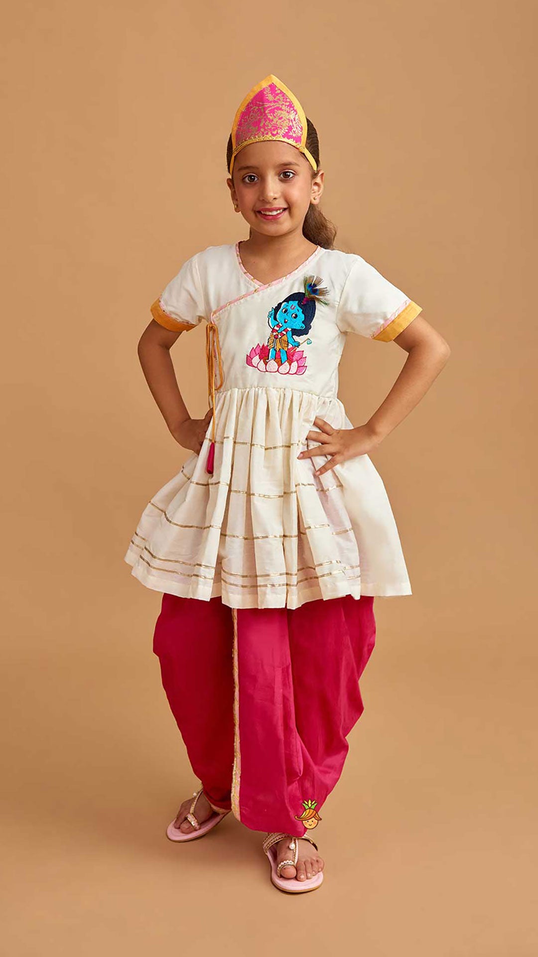 Krishna Embroidered Angarkha Top With Lace Work Pink Dhoti And Mukut