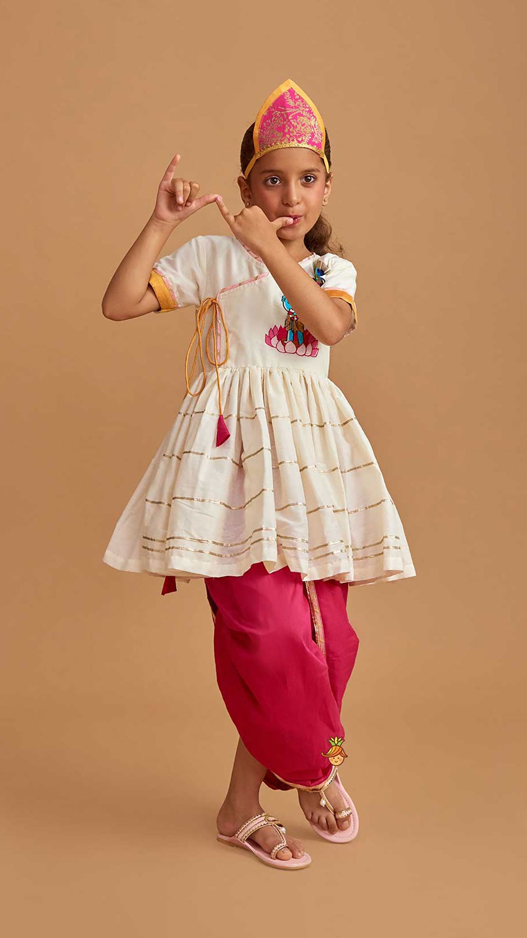 Krishna Embroidered Angarkha Top With Lace Work Pink Dhoti And Mukut