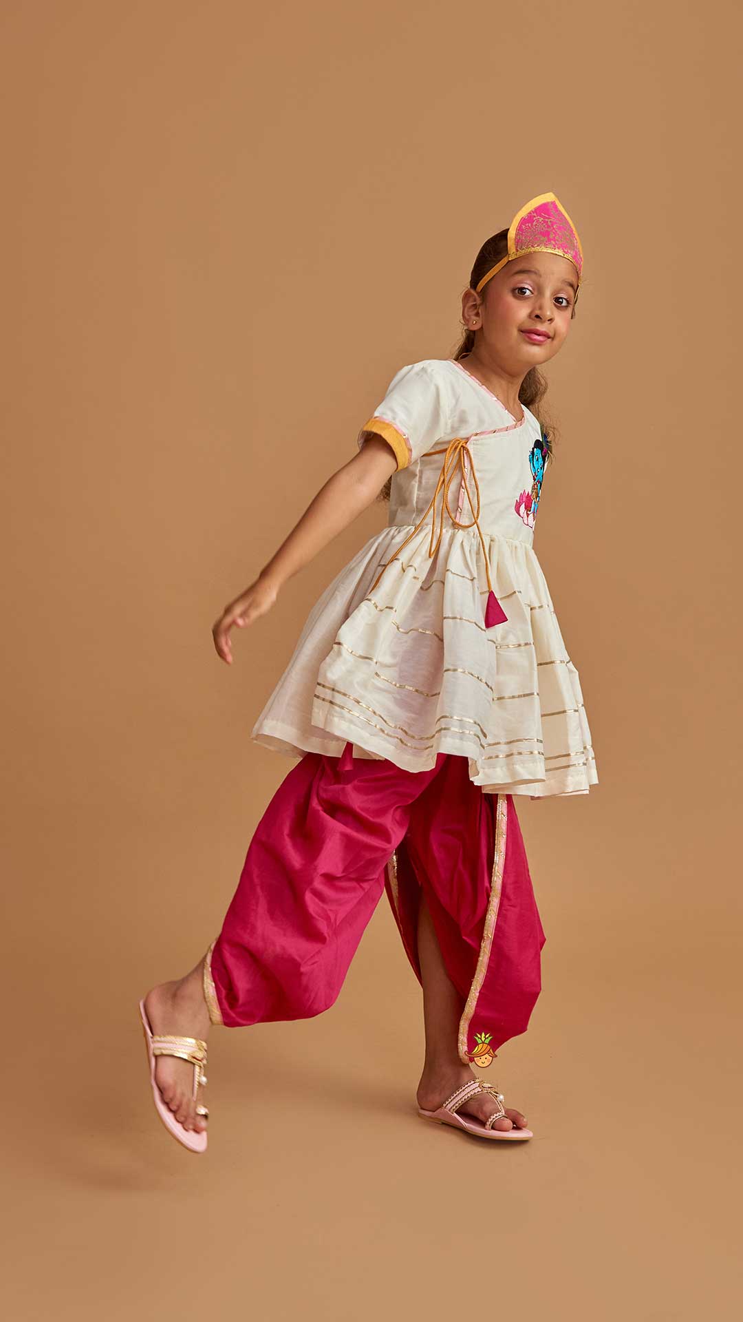 Krishna Embroidered Angarkha Top With Lace Work Pink Dhoti And Mukut