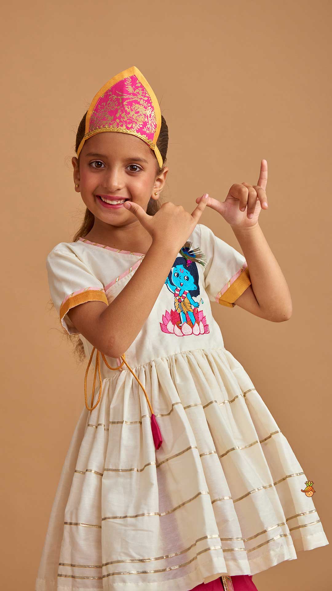Krishna Embroidered Angarkha Top With Lace Work Pink Dhoti And Mukut