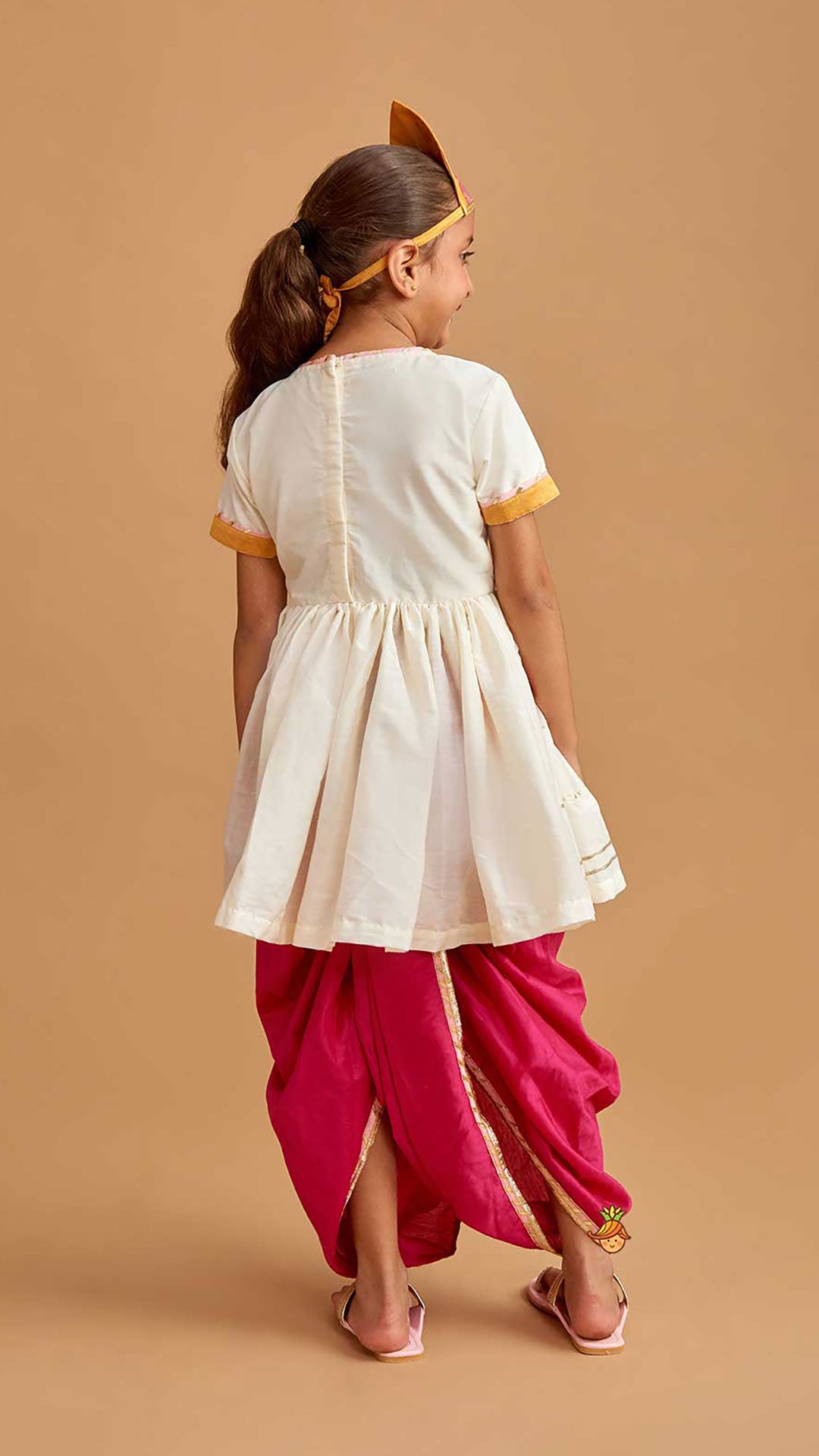 Krishna Embroidered Angarkha Top With Lace Work Pink Dhoti And Mukut