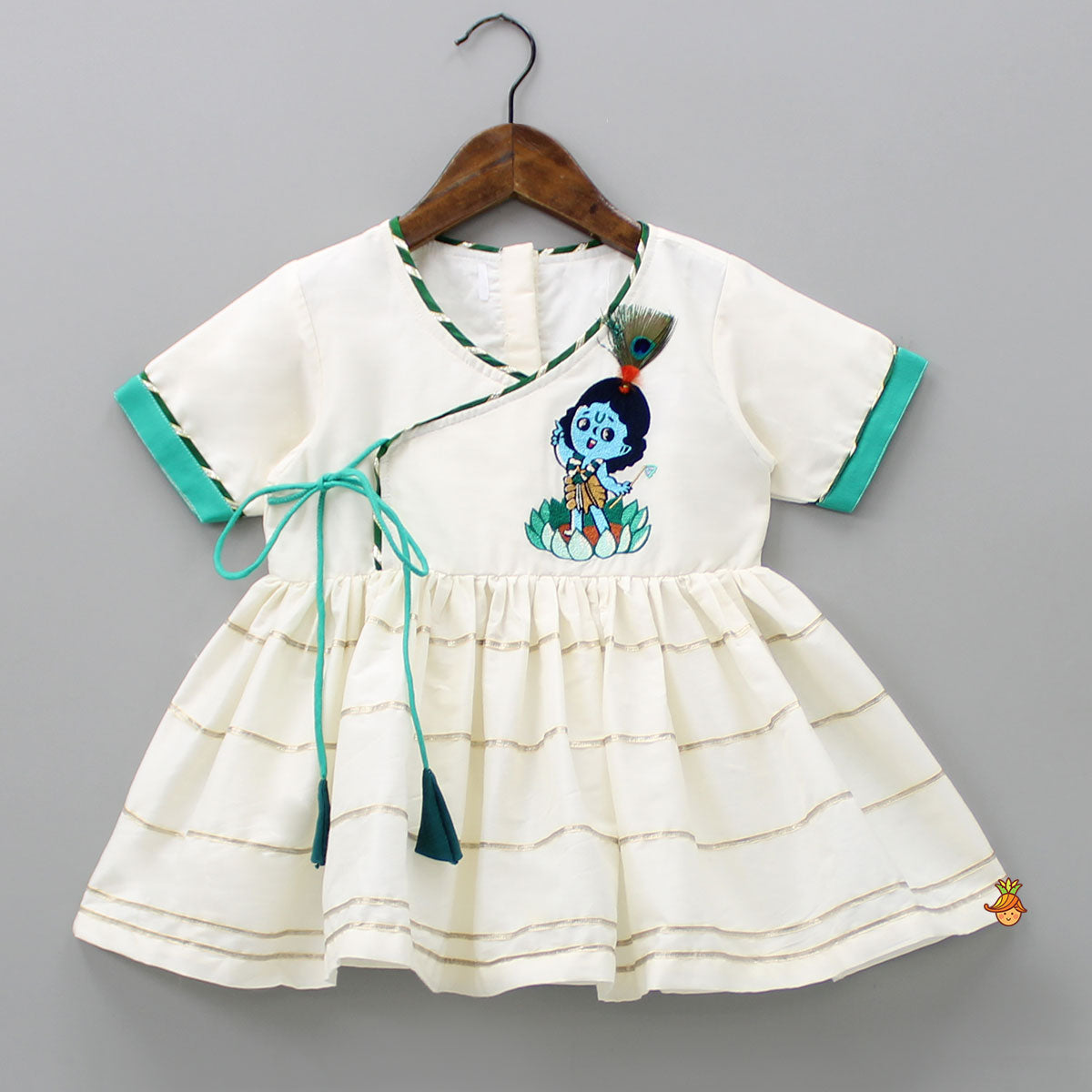 Krishna Embroidered Angarkha Top With Lace Work Green Dhoti And Mukut