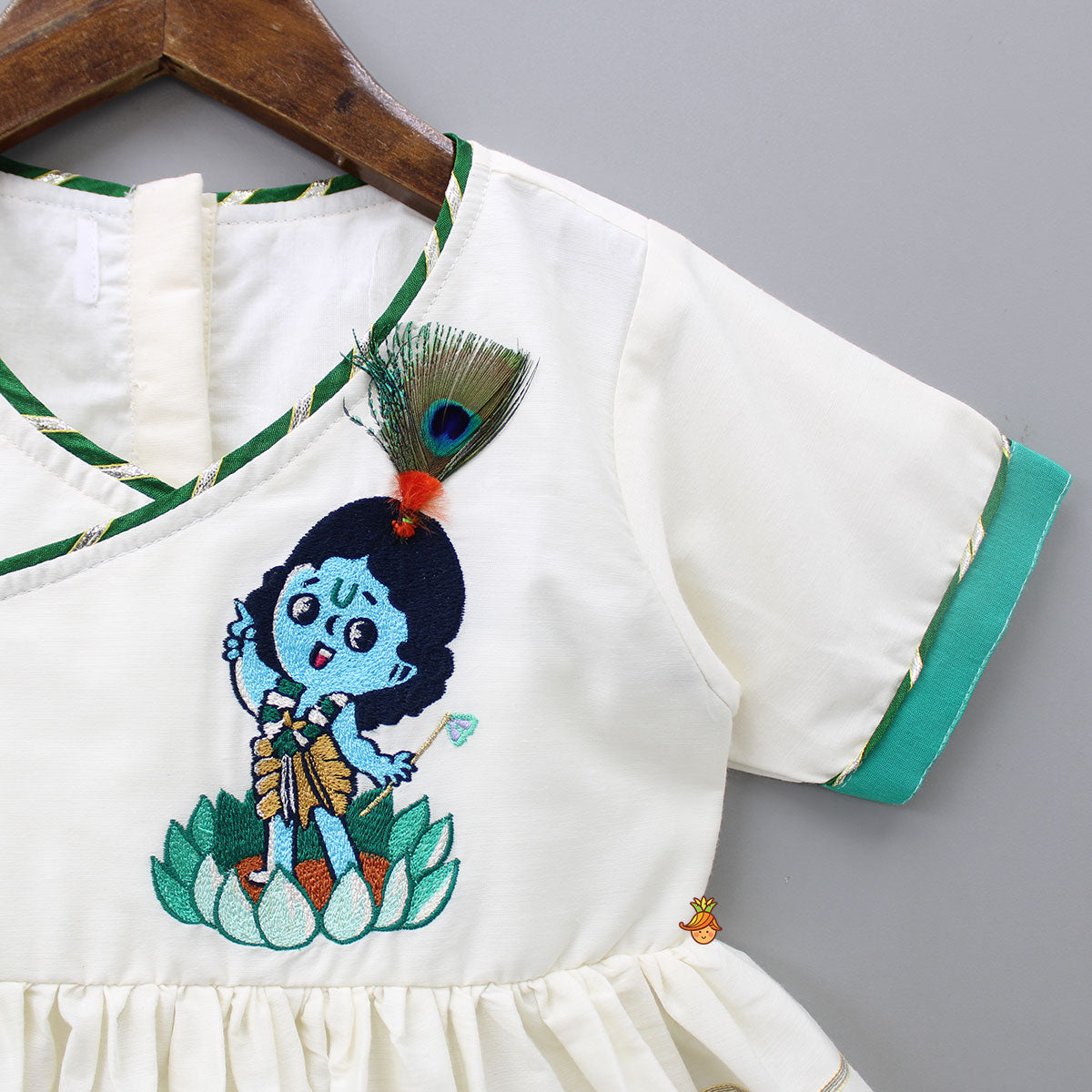 Krishna Embroidered Angarkha Top With Lace Work Green Dhoti And Mukut