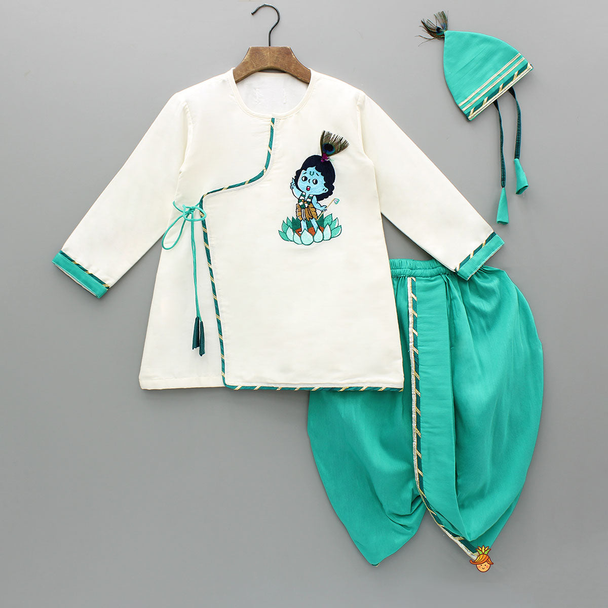 Embroidered Krishna Off White Angarkha Style Kurta With Lace Work Green Dhoti And Mukut