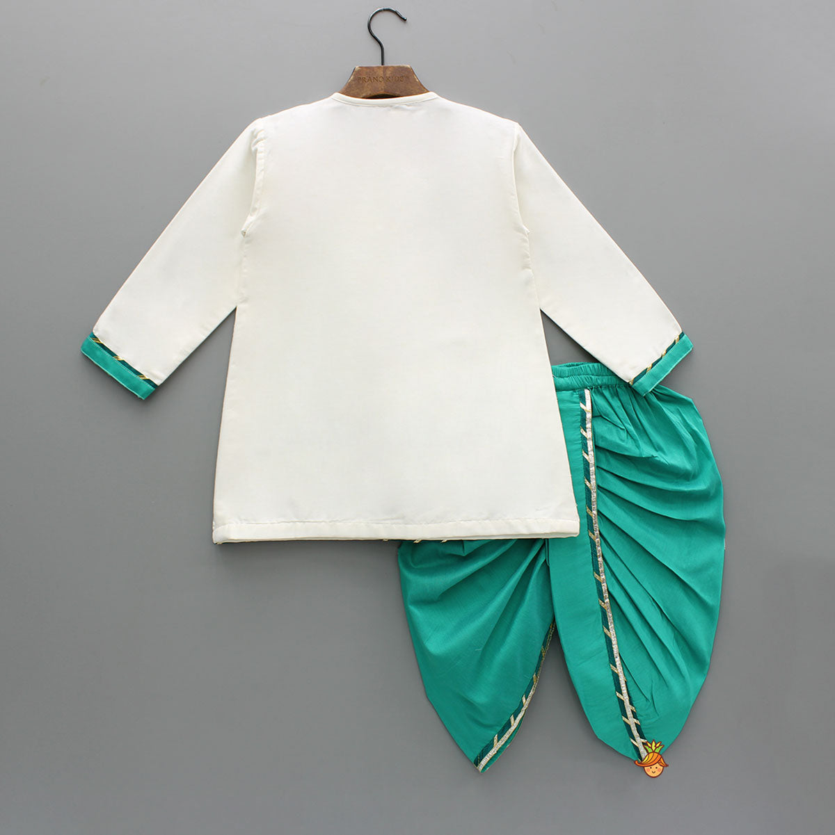 Embroidered Krishna Off White Angarkha Style Kurta With Lace Work Green Dhoti And Mukut