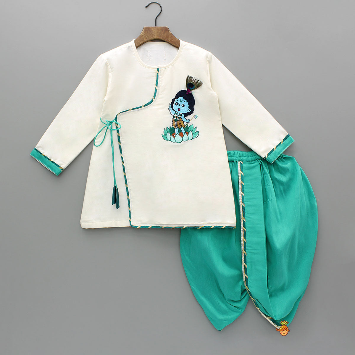 Embroidered Krishna Off White Angarkha Style Kurta With Lace Work Green Dhoti And Mukut