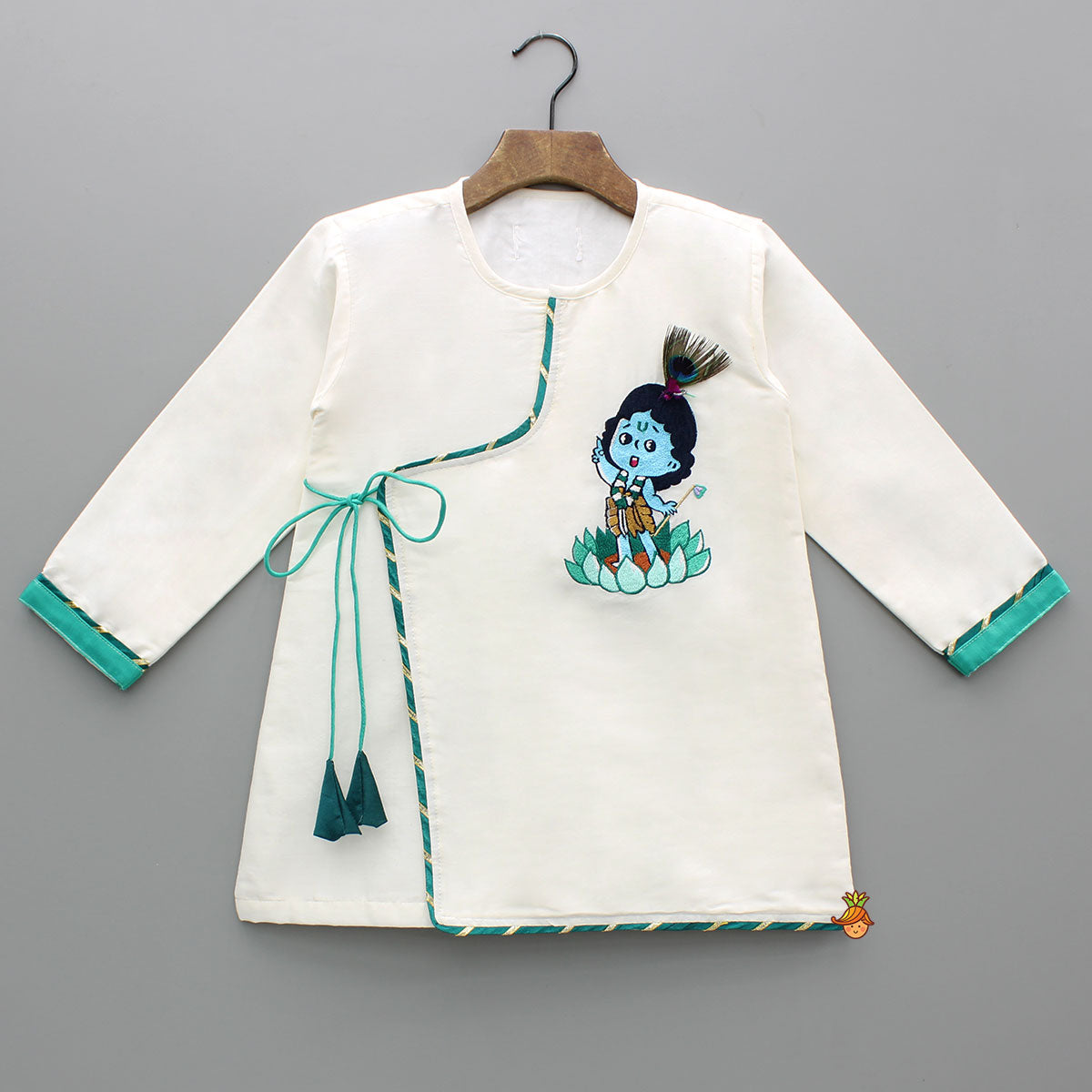 Embroidered Krishna Off White Angarkha Style Kurta With Lace Work Green Dhoti And Mukut