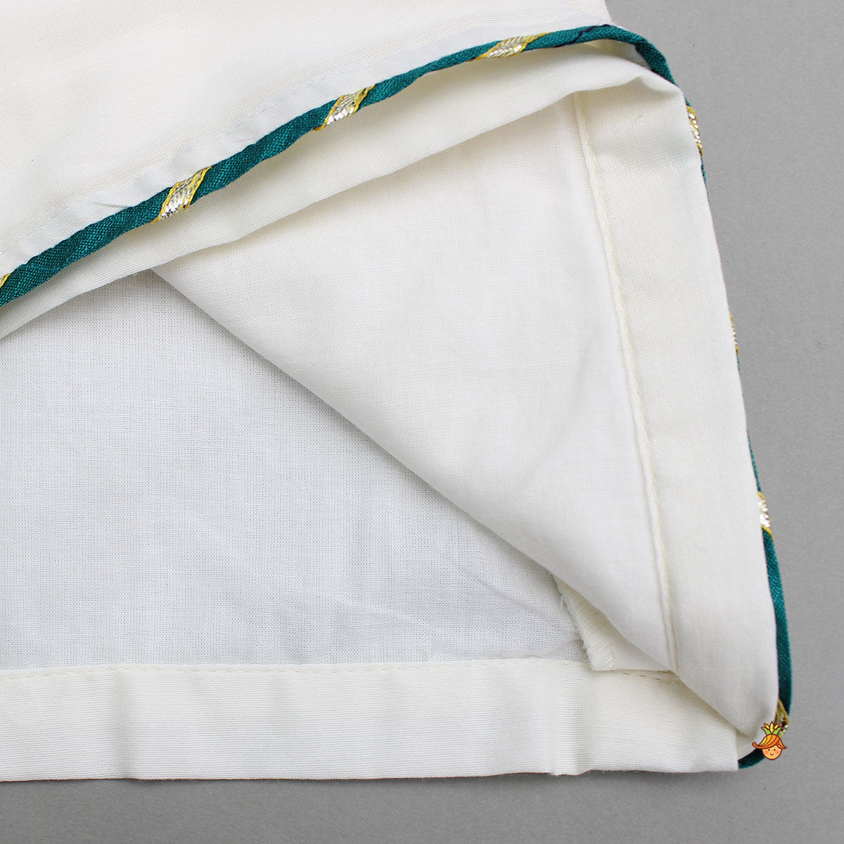 Embroidered Krishna Off White Angarkha Style Kurta With Lace Work Green Dhoti And Mukut