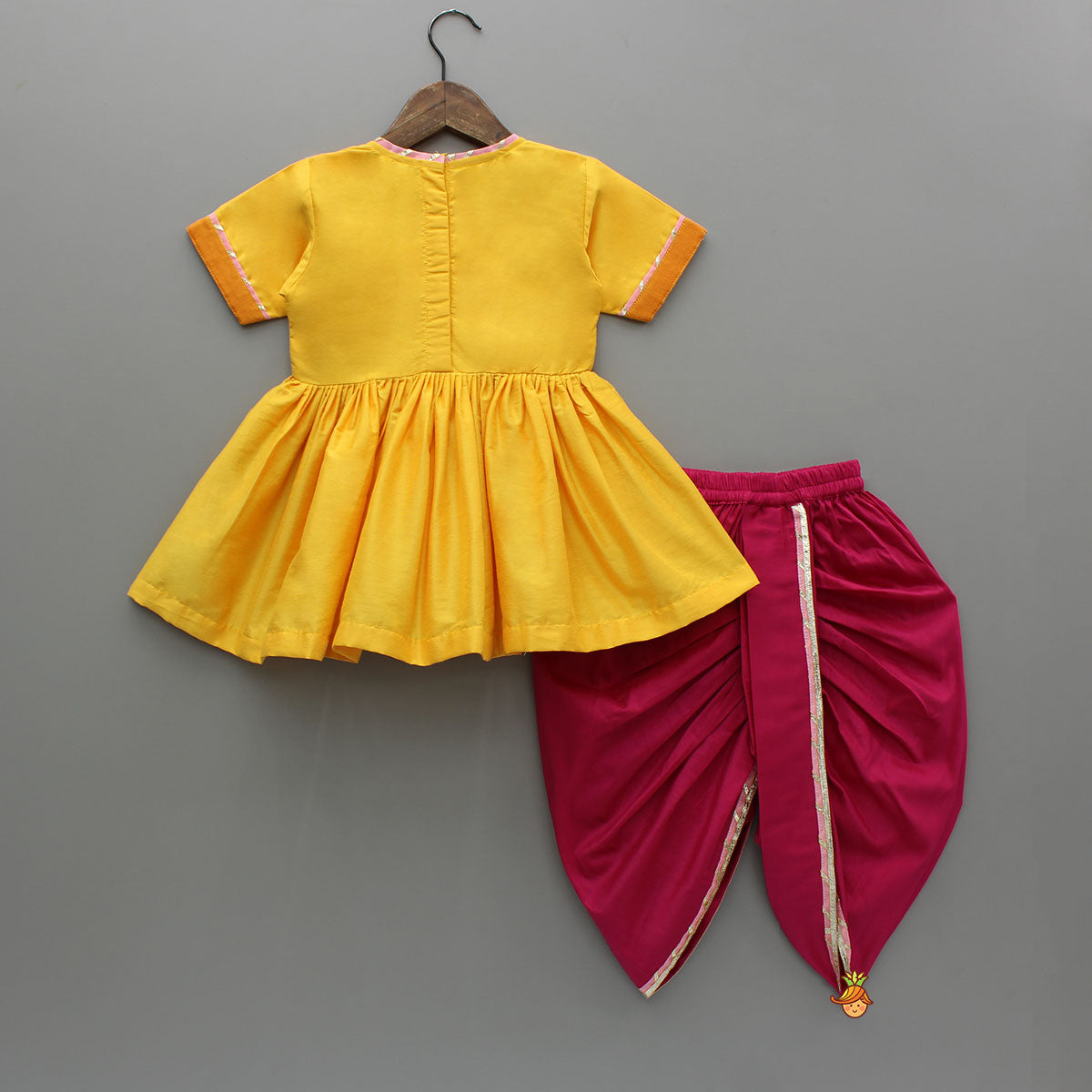 Krishna Embroidered Yellow Angarkha Top With Lace Work Pink Dhoti And Mukut