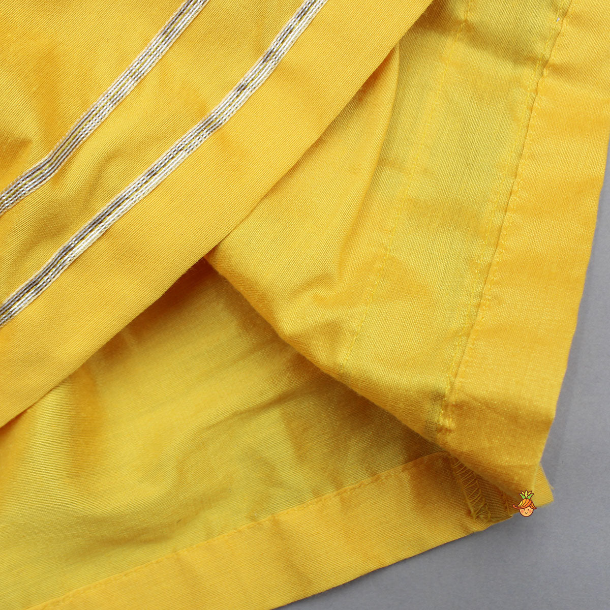 Krishna Embroidered Yellow Angarkha Top With Lace Work Pink Dhoti And Mukut