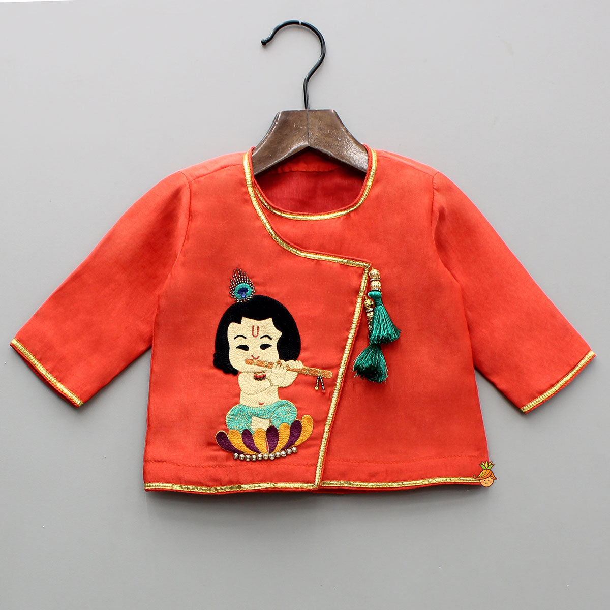 Red Angarkha With Hand Embroidery And Leheriya Print Chanderi Dhoti