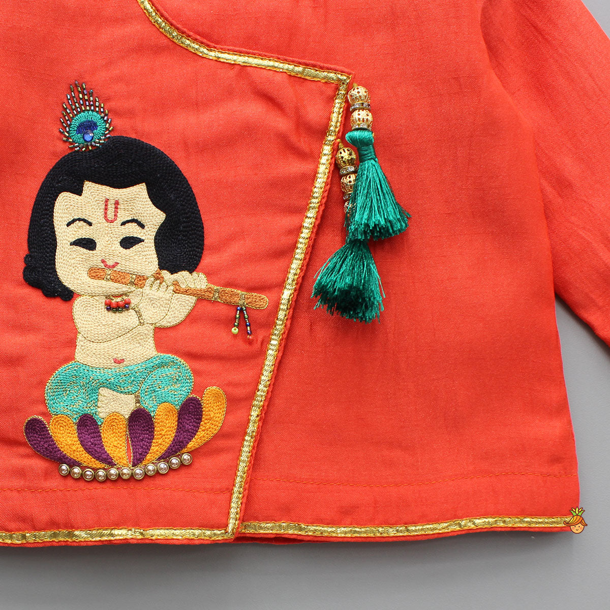 Red Angarkha With Hand Embroidery And Leheriya Print Chanderi Dhoti