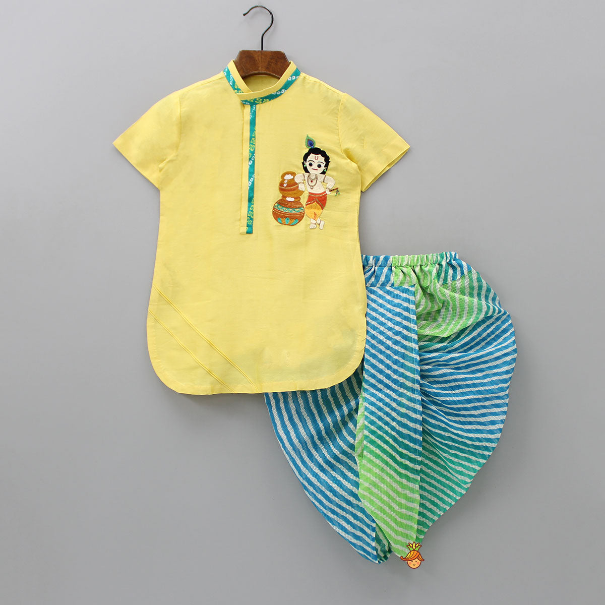Yellow Kurta With Leheriya Chanderi Dhoti