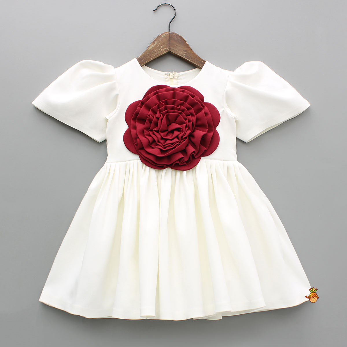 Red Flower Adorned Elegant Off White Puff Sleeve Dress