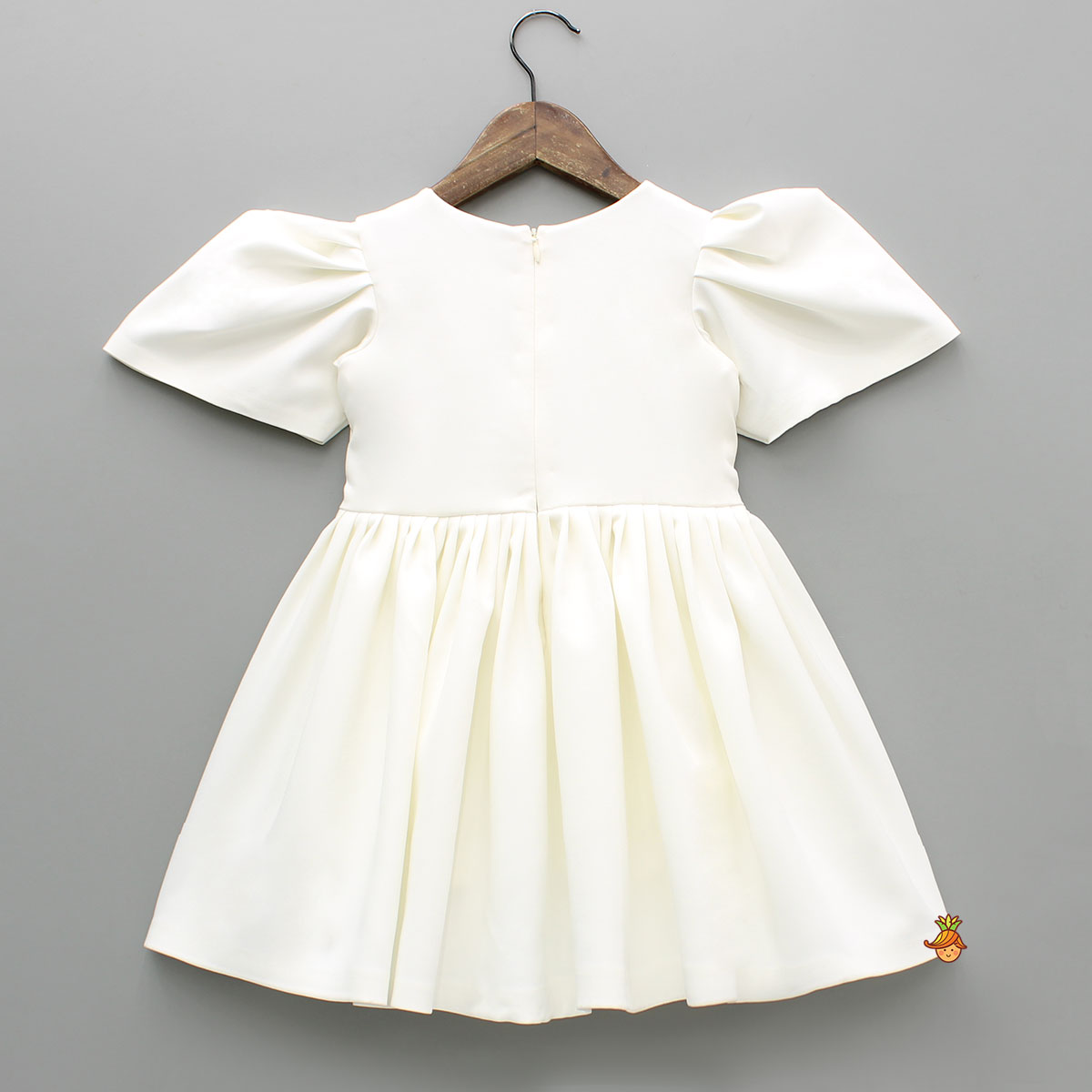 Red Flower Adorned Elegant Off White Puff Sleeve Dress