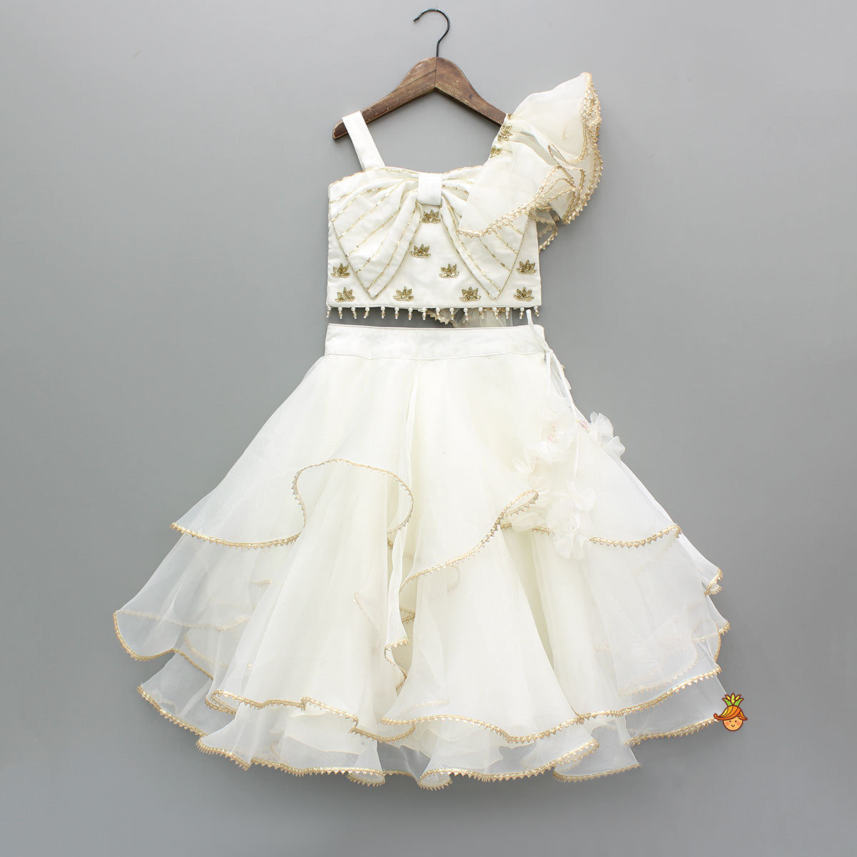 Cut Dana And Sequins Embroidered Off White Bowie Top With Layered Lehenga