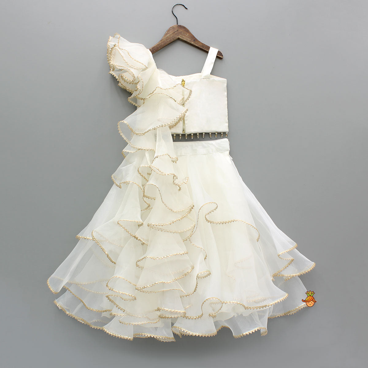 Cut Dana And Sequins Embroidered Off White Bowie Top With Layered Lehenga