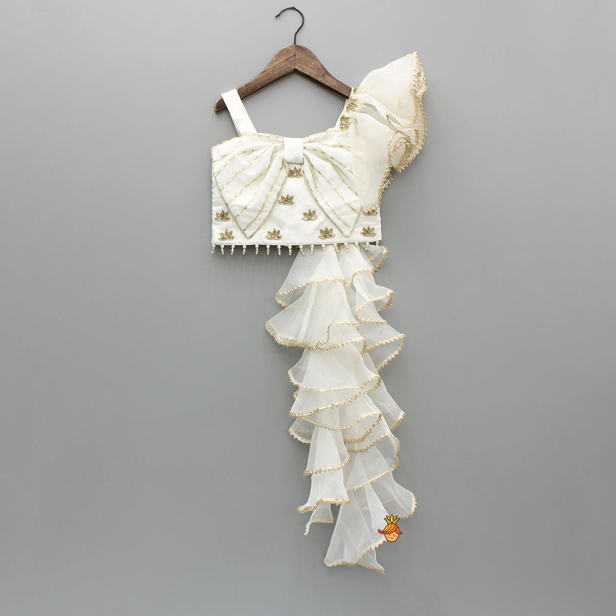 Cut Dana And Sequins Embroidered Off White Bowie Top With Layered Lehenga