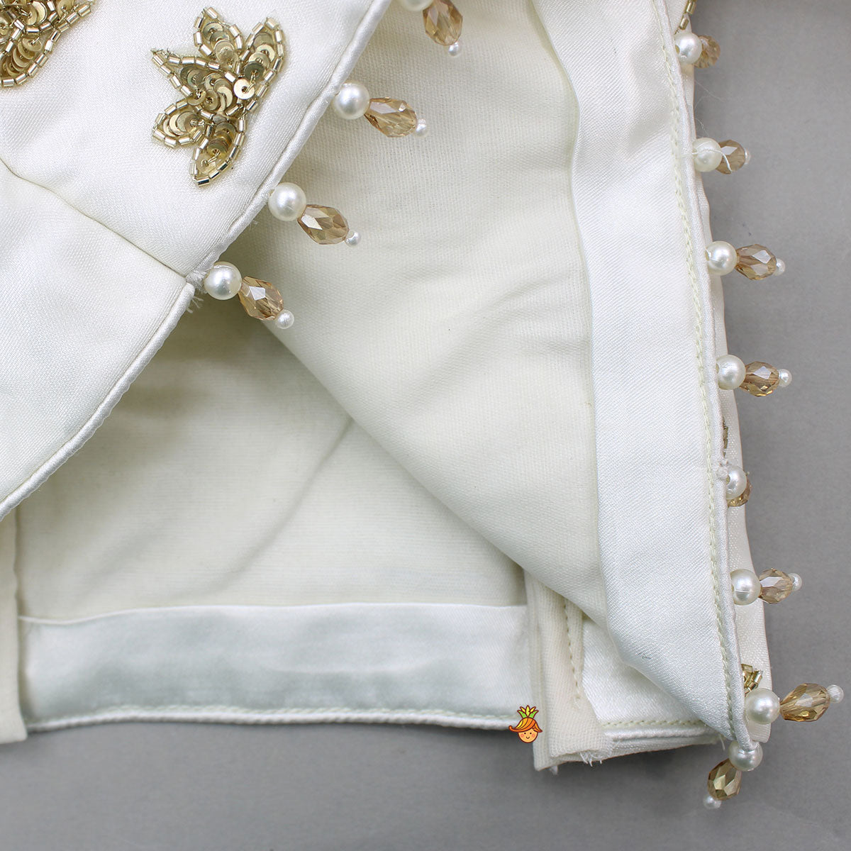 Cut Dana And Sequins Embroidered Off White Bowie Top With Layered Lehenga