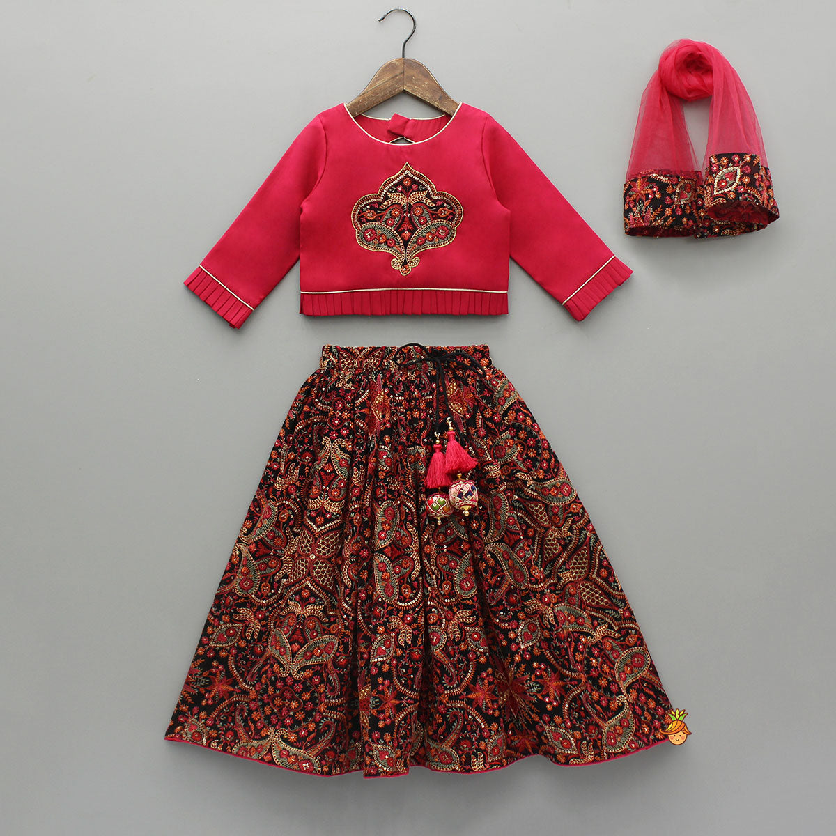 Beautiful Embroidered Pink Top With Floral Embroidered Lehenga And Dupatta