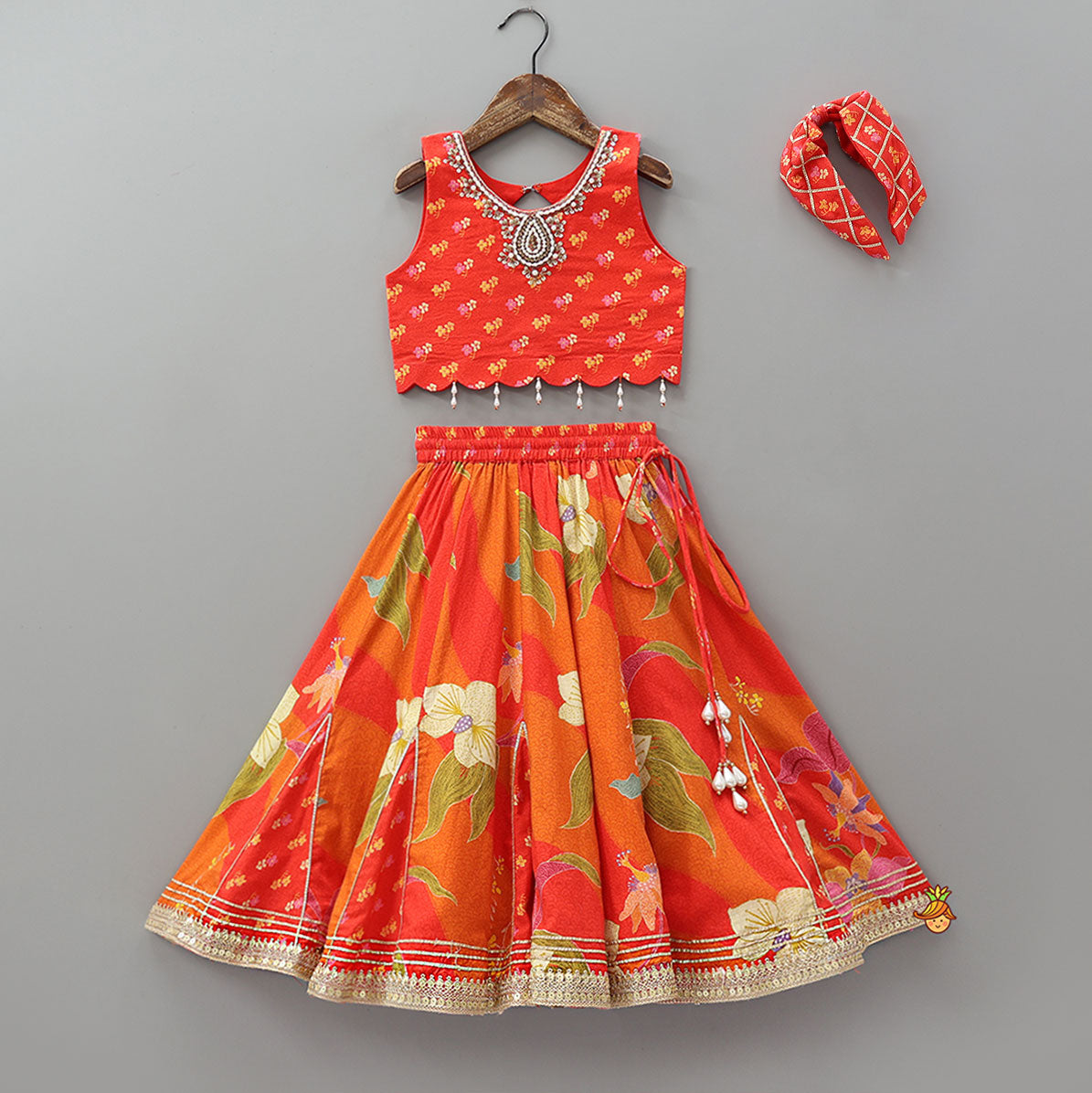 Red Sleeveless Embroidered Scalloped Top With Lehenga And Hairband