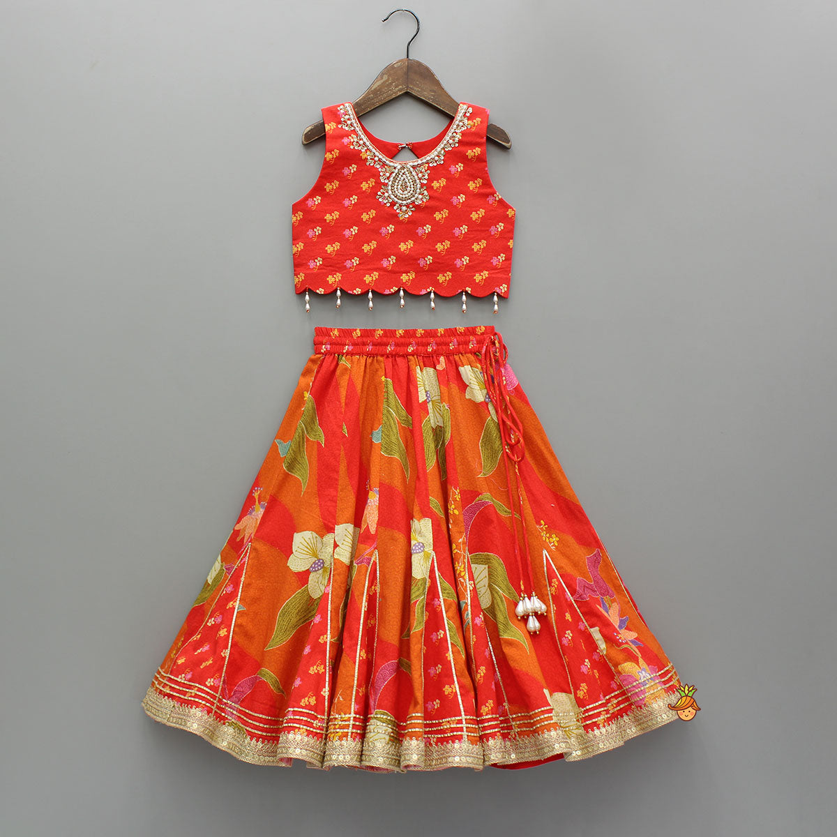 Red Sleeveless Embroidered Scalloped Top With Lehenga And Hairband